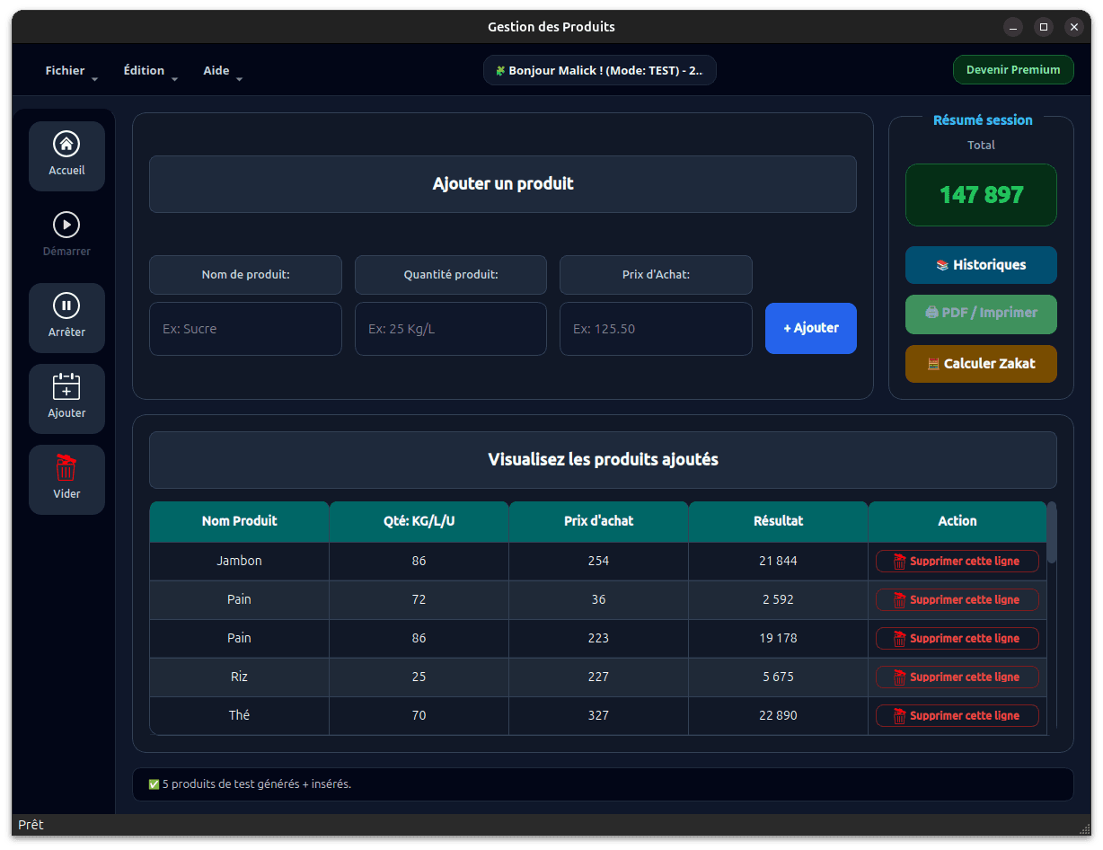 Session Iventor avec plusieurs produits et le total calculé